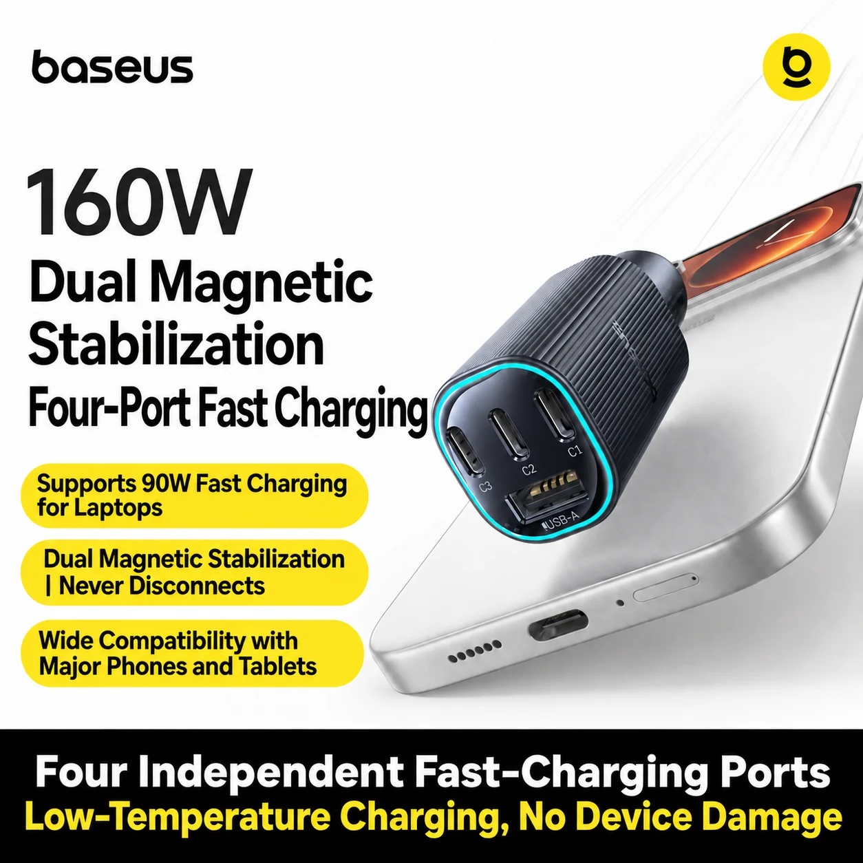 Cargador de coche BASEUS de 160 W con 4 puertos, adaptador de encendedor con carga rápida PD de 100 W para portátiles, t