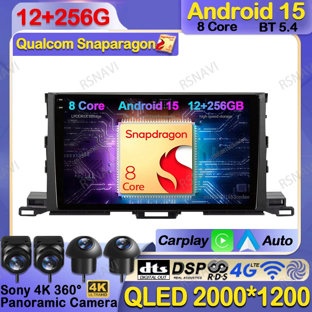 

Автомобильный радиоприемник Android 15 для Toyota Highlander 2014-2019, навигация QLED Viedo Player BT DSP, стерео головное устройство, GPS 4G LTE Qualcomm