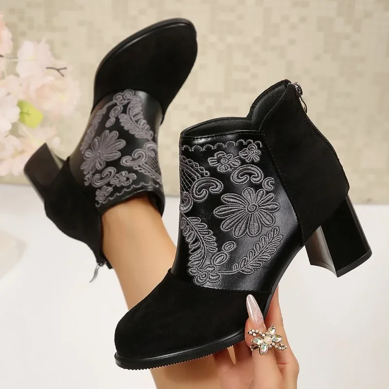 Women Spring Summer Boots Trend Plus Size Shoes Ladies Lace Outdoor Fashion Boots Female High Heels Round Toe Ankle Boots Women