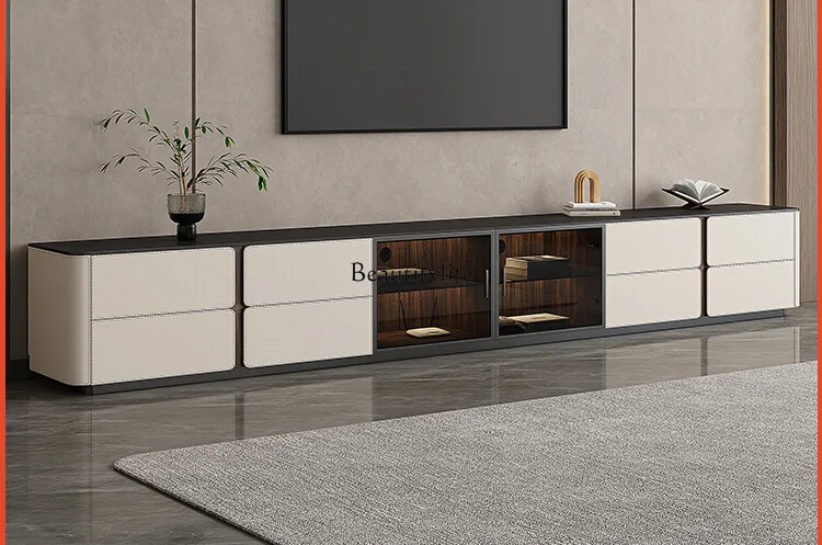 Italian Minimalist Black Super Long Stone Plate Floor High TV Cabinet Modern Minimalist