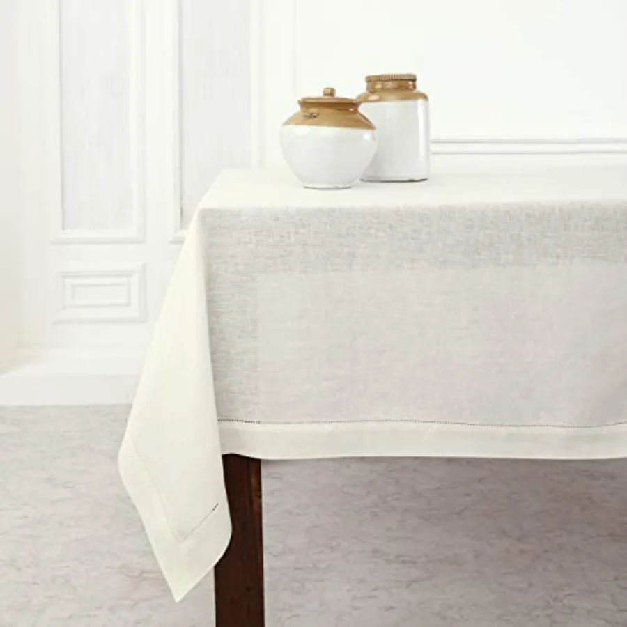 

Linen Ivory Tablecloth 60 x 144 Inch - Classic Hemstitch 100 Pure Linen Rectangular Tablecloth - Machine Washable Table Cloth f