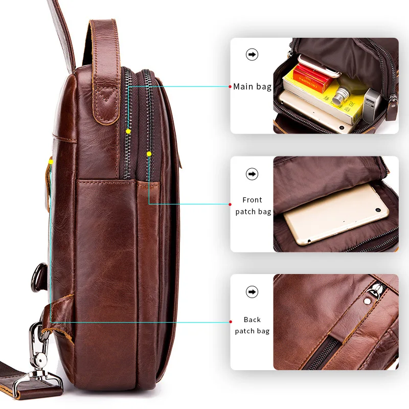 Cowhide Men‘’s Chest Bag Retro Wax Genuineleather Casual Chest Bag Large Capacity Vertical Shoulder Crossbody Bag