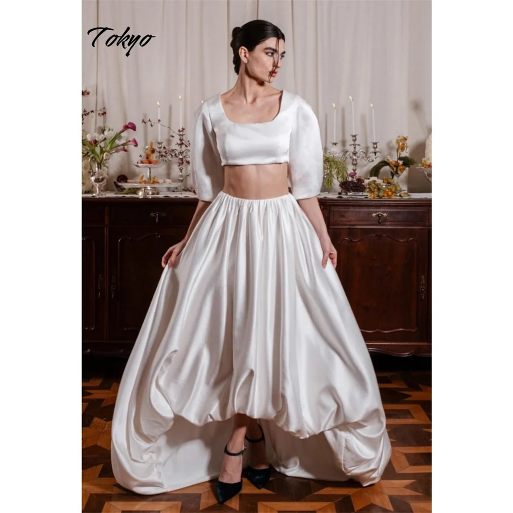 Vestidos de novia con cuello cuadrado blanco personalizados de Tokio, vestidos de novia de cola de corte de manga corta con cremallera, vestidos de boda de corte A altos y bajos
