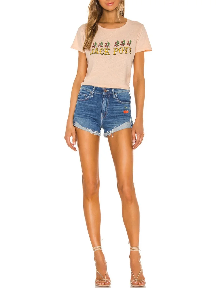 

Female Denim Short Pants Cherry Embroidery Folded Feet Ragged Edge short jeans femininos Blue High Waist Tight Short Jeans