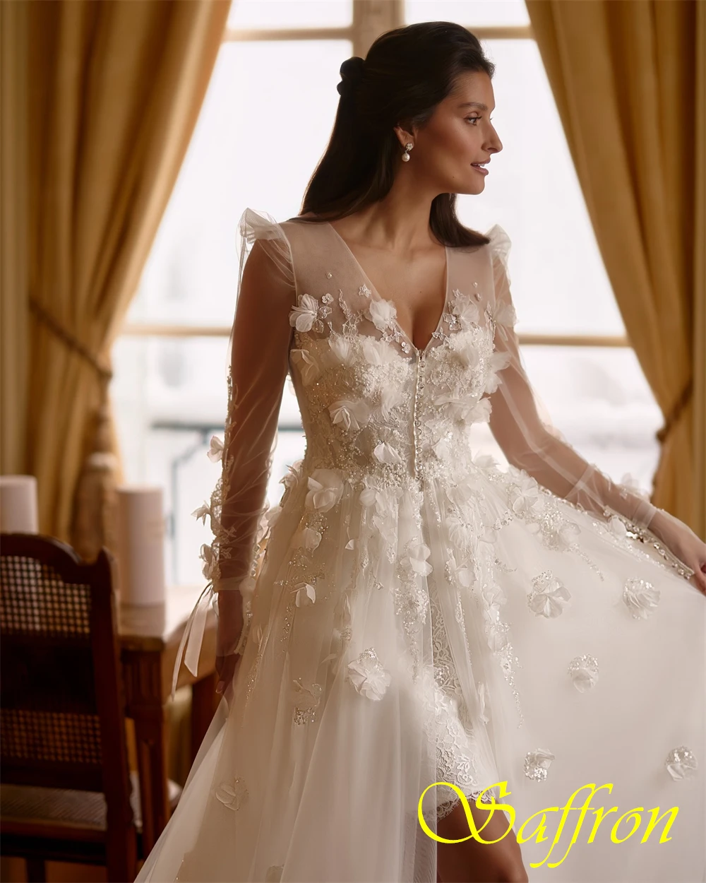 تخصيص مزاجه الأورجانزا الخامس الرقبة مساء اللباس رشيقة طويلة الأكمام فساتين حفلة موسيقية أزياء الزهور فساتين المناسبات الخاصة