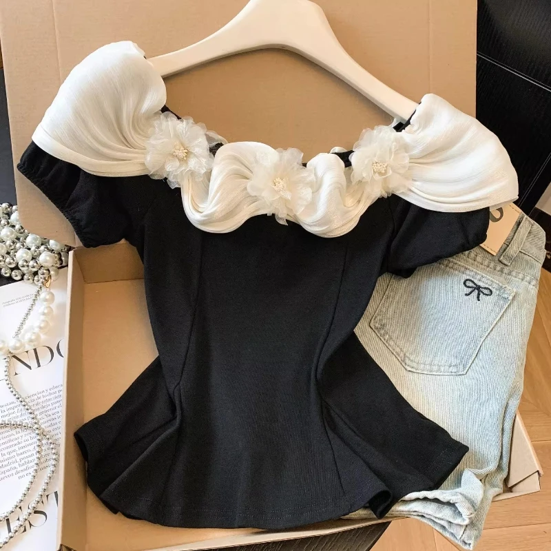 Women's Elegant Top Summer French Sweet 3D Flower Color Contrast Slim-Fit Tight Waist Blouse Sexy Y2k Off-Shoulder T-Shirt Trend