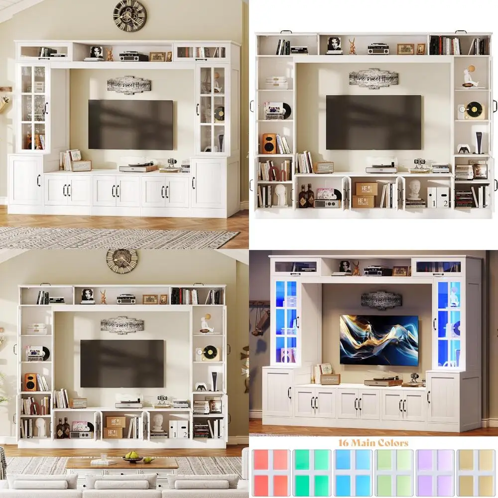 

Modern 98 Wall Unit TV Stand with Storage for 80 TVs, LED Lighted Entertainment Center with Bookshelf