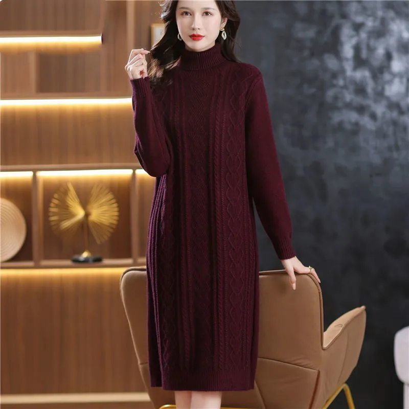 Women Turtleneck Warm Knit Dress 2023 New Autumn Winter Clothes Fashion Geometry Print Solid Slim Female A-line Long Sweater