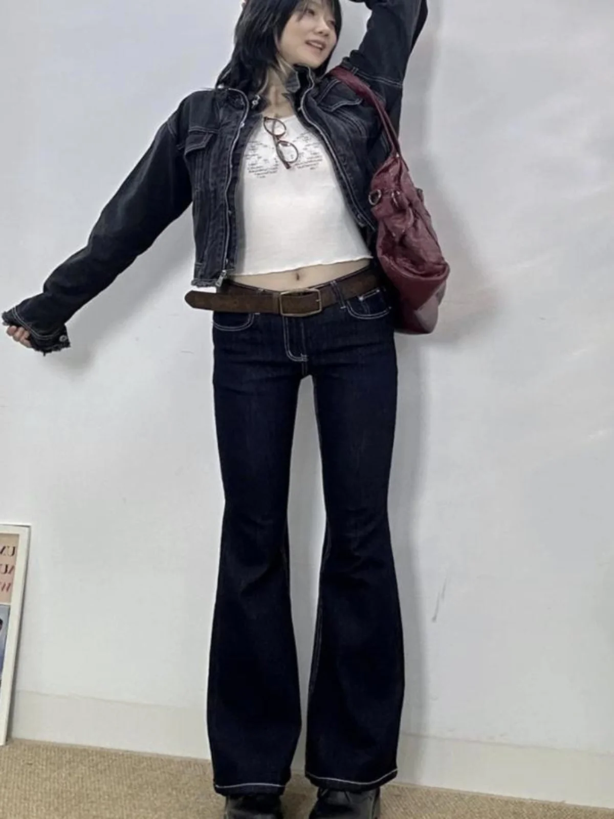 

Джинсы с низкой талией, расклешенные, с высокой эластичностью, утягивающие, длинные, повседневные, из хлопкового стрейч-денима, синие, для молодых женщин