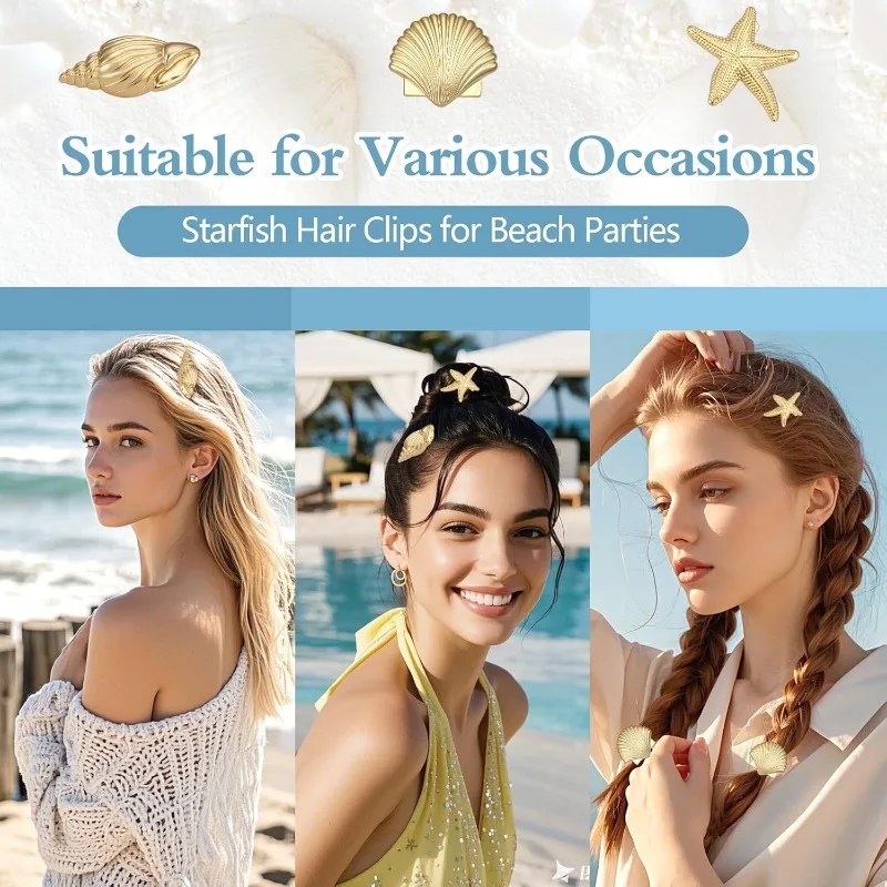 3Pcs Golden Starfish Shell Duckbill Hair Clips Set for Women Fashionable Elastic Hair Accessories European American Style Daily