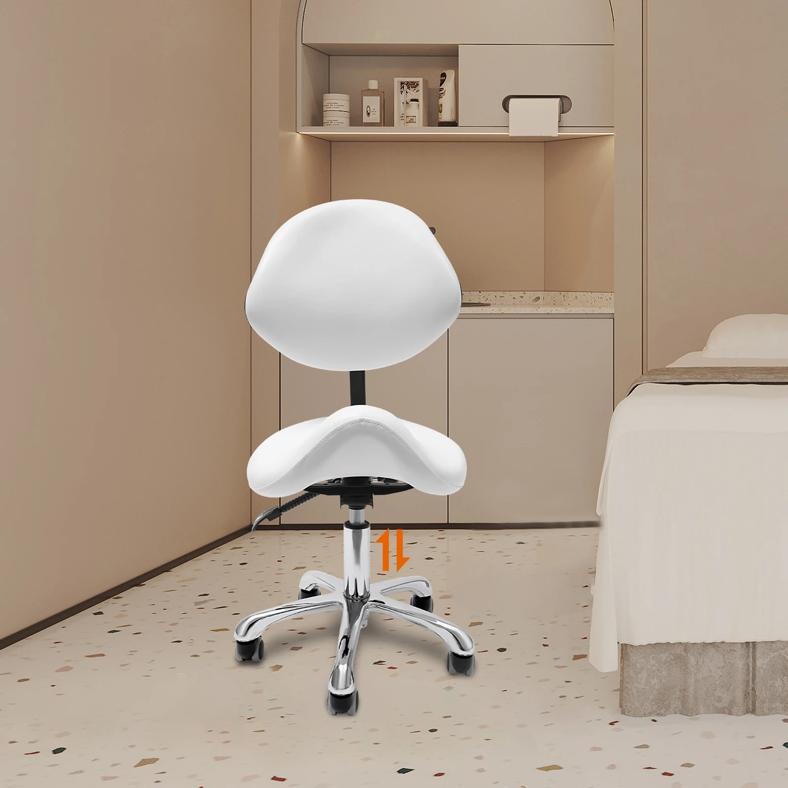 

White Iron Saddle Stool,Adjustable Saddle Stool with 5 Wheels Floor Standing for Offices,Hairdressers