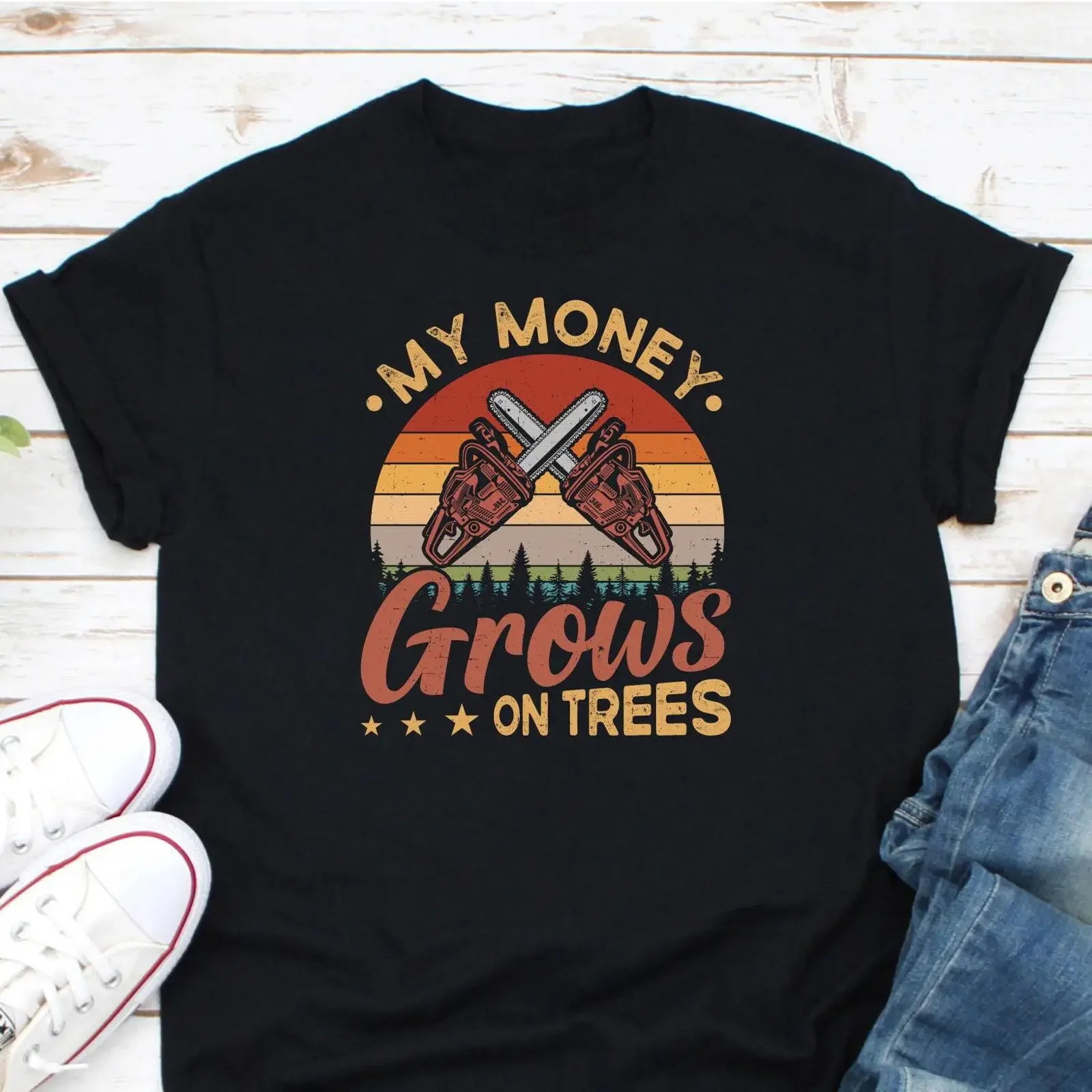 My Money Grows On Trees Funny Arborist Lumberjack Chainsaw Tree Surgeon Retro T Shirt vintage Washed Casual Breathable homme