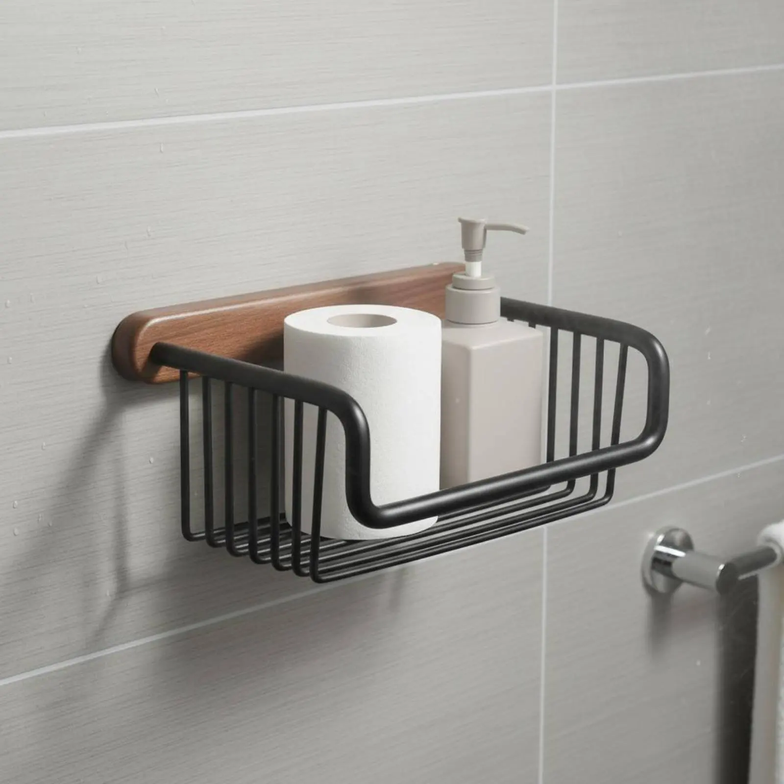 

Walnut Toilet Paper Shelf Adhesive-Mounted Installation Wall Mounted Tissue Holder Metal Wire Storage Basket Space Aluminum