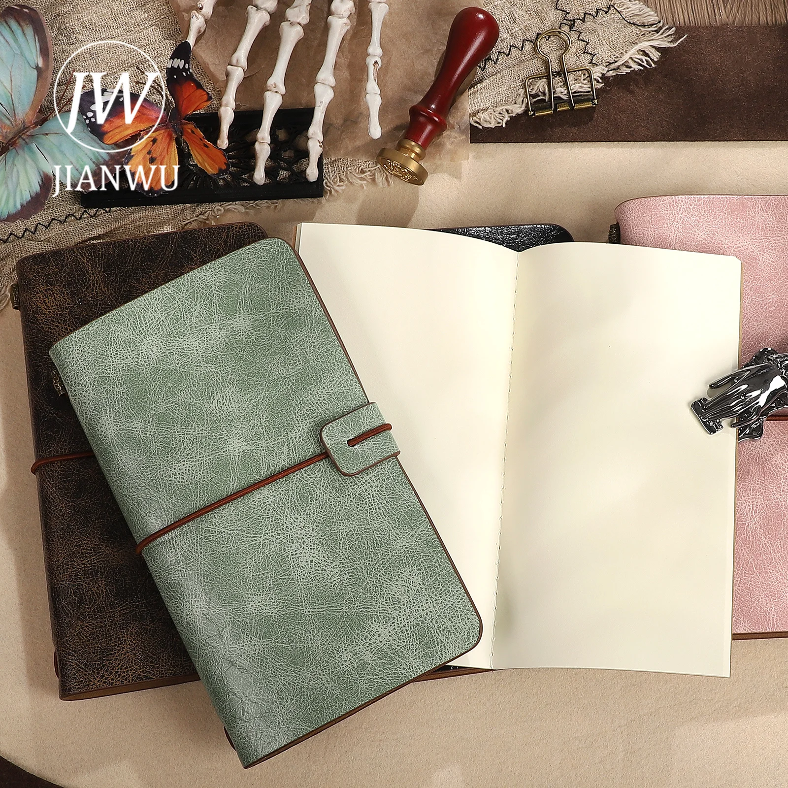 JIANWU A6 Vintage Strapped PU Leather Textured Cover Material Collage Notebook Creative DIY Journal Student Supplies Stationery - view 5
