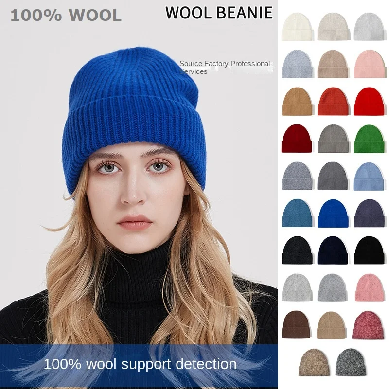 100% Merino Wool New Beanie Winter Women Men Boys Girls Crochet Skullies Hat Solid Color Autumn Knitted Beanies Caps