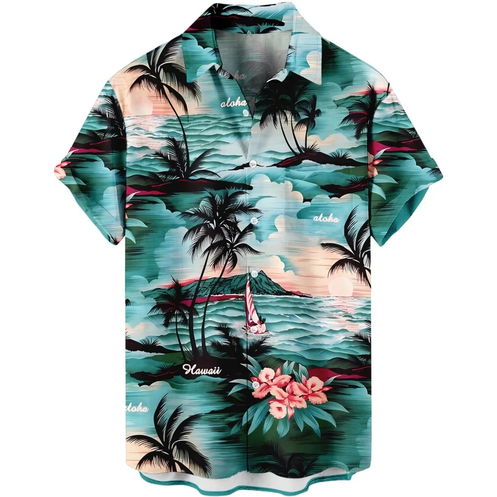 

Summer Hawaiian Shirt Beach Men's Coconut Tree Sunsets Print Blouse Oversized Clothing Vacation Tops Casual Short Sleeved Shirts