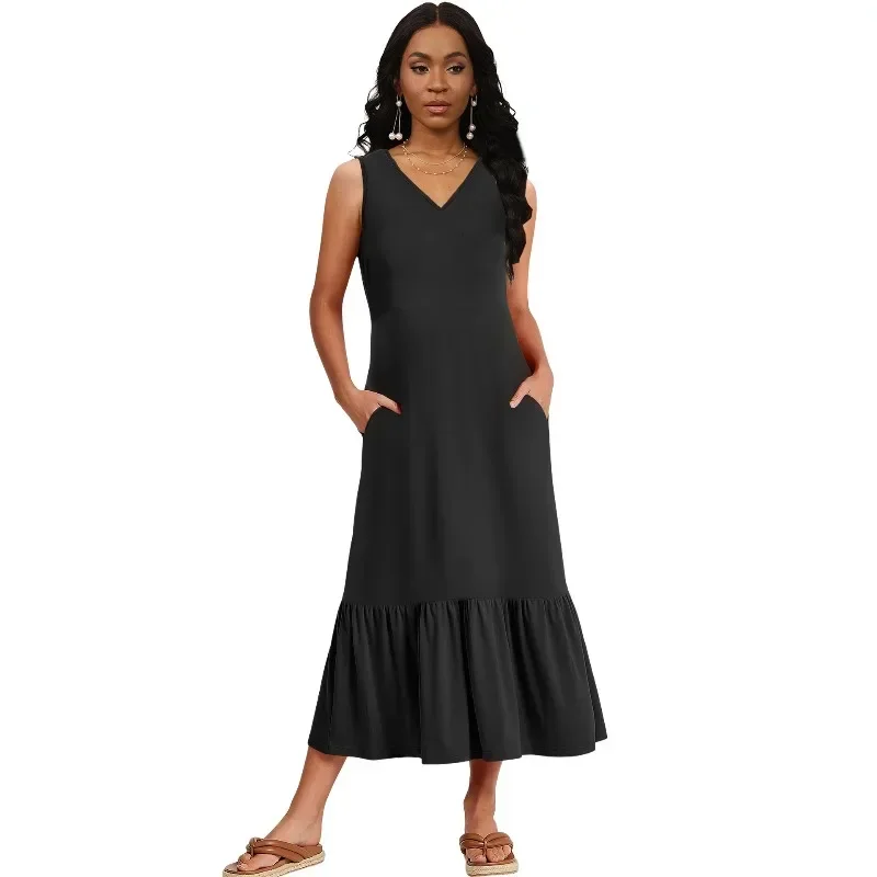 Fashion Women V Neck Sleeveless Holiday Sundress Summer Dress Casual Asymmetrical Maxi Dress Solid Color Baggy Work Robe