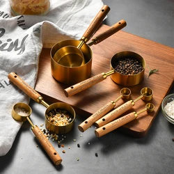 Measuring Spoon Set Wooden Handle Stainless Steel Measuring Cups Spoons Baking Tools Coffee Bartending Scale Kitchen Accessories