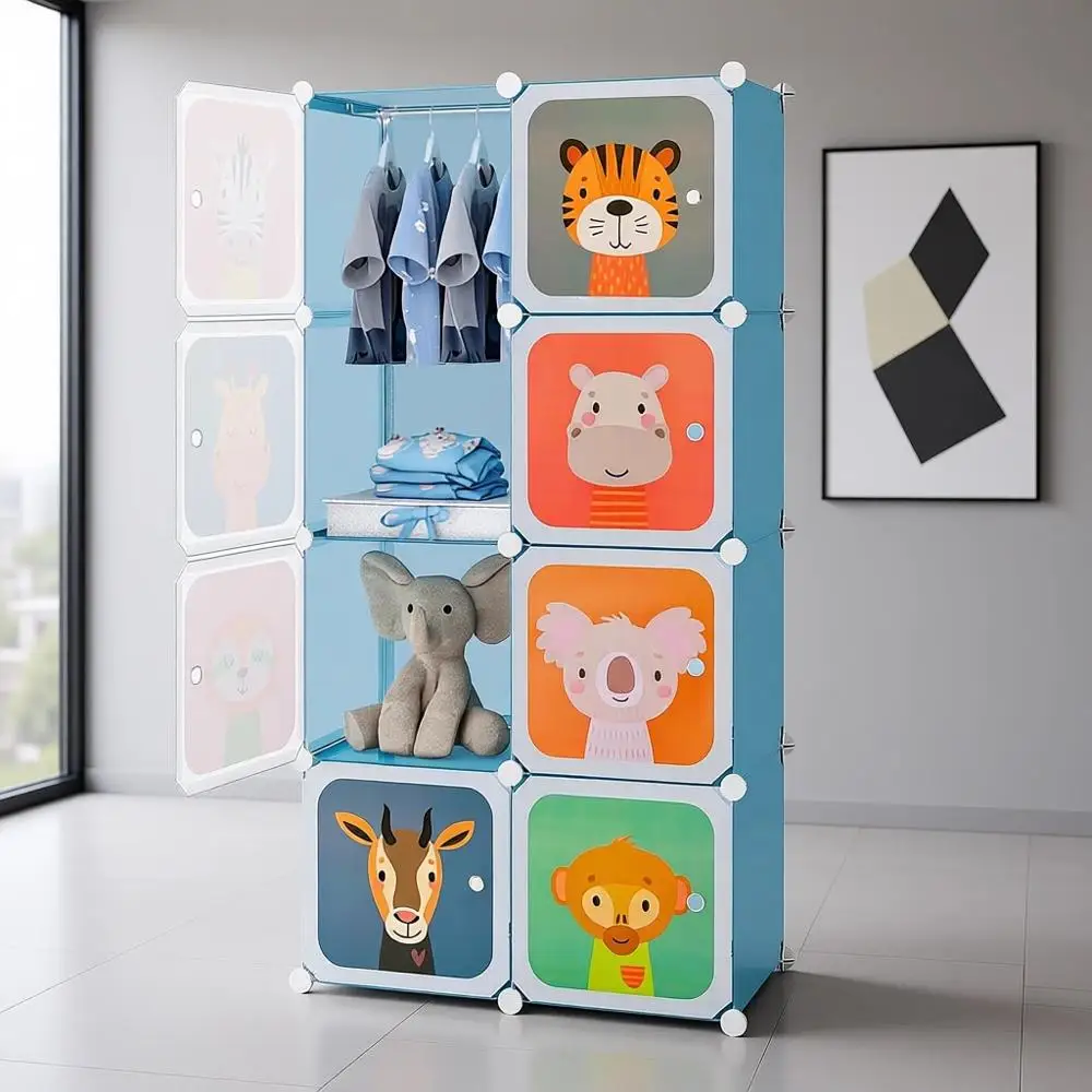 

Портативный детский шкаф-гардероб на 8 секций с 2 перекладинами для подвешивания, органайзер для детской спальни, синий