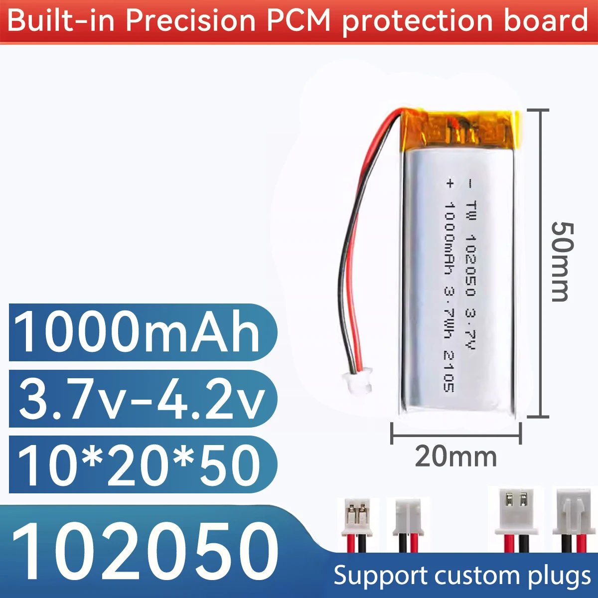 102050 3.7V 1000mAh Lipo Cells Lithium Polymer Rechargeable Battery for GPS Recording Pen LED Light Beauty Instrument with PCB