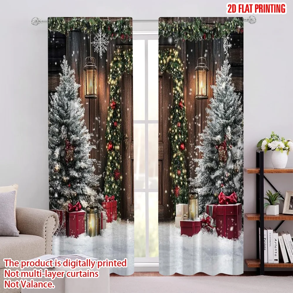 

2pcs 2D flat printing Merry Christmas Popular Curtains Rural Christmas Machine Washable Fabric Without Electricity Festive