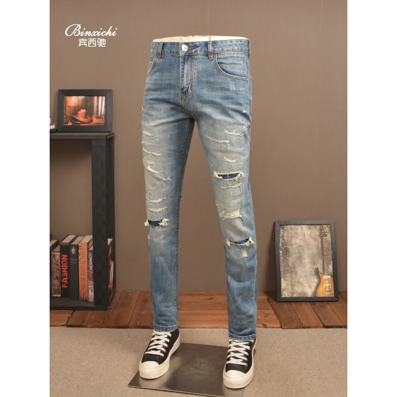 2025 Модные синие рваные джинсы в стиле ретро, мужские эластичные модные уличные классические брюки с маленькими штанинами