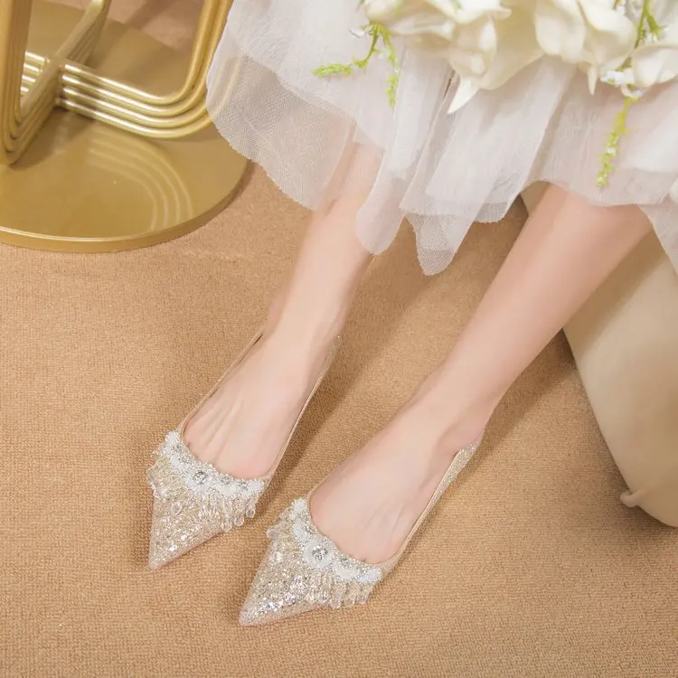 White Wedding Shoes Women's New Bride Sequins 2023 Thick Heels Pregnant Women Wedding Dress Crystal Buckle Lady Party Pumps