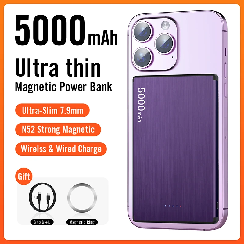 Portable Magnetic Wireless Power Bank Fast Charging 5000mah Ultra Slim Powerbank Mobile External Battery For iPhone16 15 Samsung