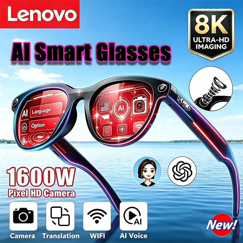 Lenovo 8K HD Smart Glasses 1600W Pixels Camera Shooting Image AI Translation Conversation Recording Music Smart Glasses 2026 New