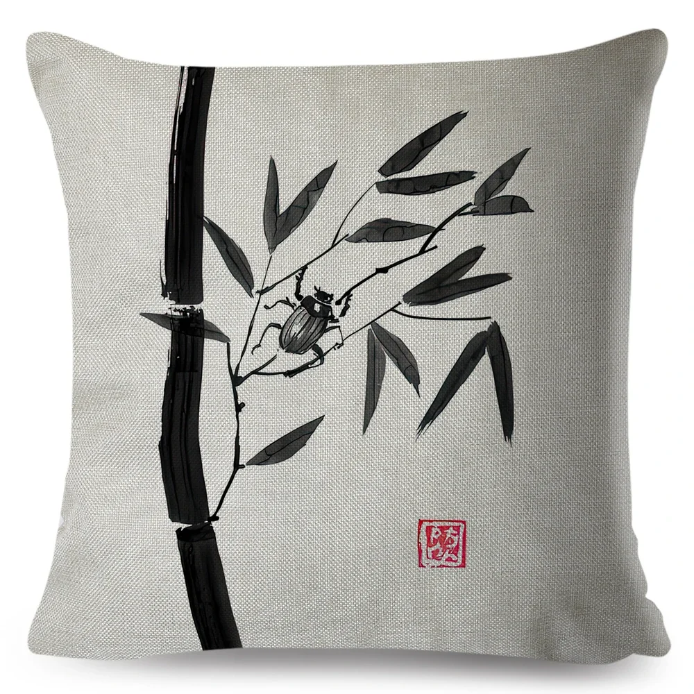 Japanese Style Ink Cushion Cover for Sofa Home Car Double Print Decor Beautiful Scenery Cat Girl Pillowcase Linen Pillow Case