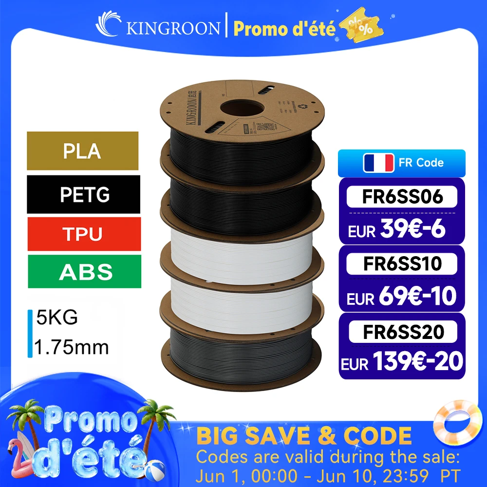 KINGROON – Filament d'imprimante 3D PLA PETG TPU ABS, lot de 5KG, noir, blanc, gris, 1.75mm, sans bulles, plastique, 5 rouleaux de 1kg, bobine aléatoire
