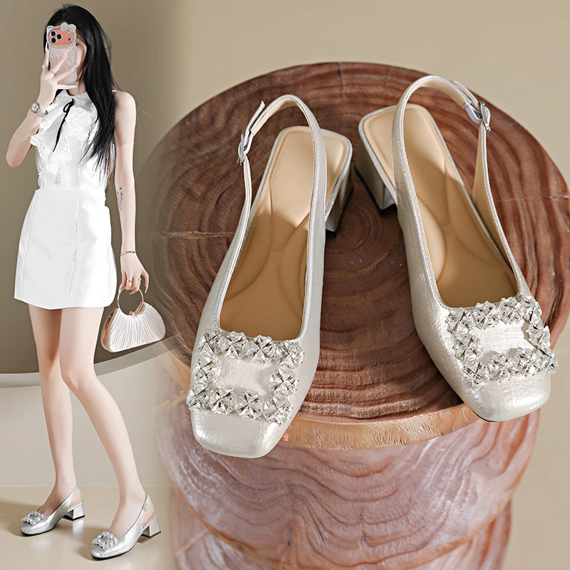 

French Vintage Mary Jane Backless Sandals for Women 2026 Spring Square Toe Shallow Shoes with Rhinestones Flat Shoes