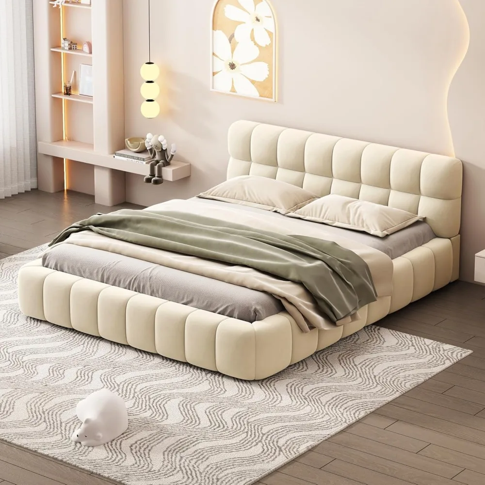 Modern Queen Upholstered Bed Frame with Wingback, Linen Low Plattform Bed, No Box Spring Needed Beige Bed Frame Bedframe