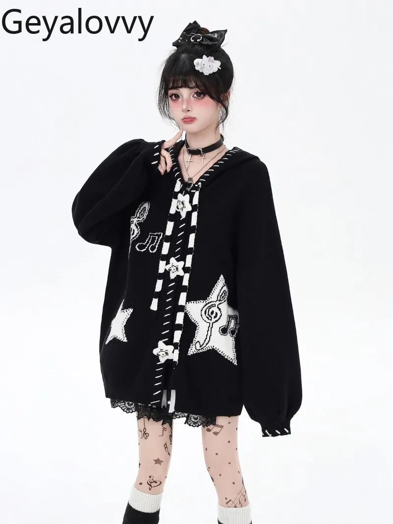 اليابانية الأصلية الجديدة الأسود والأحمر الحلو بارد فضفاض سترة محبوكة فانوس كم واحدة الصدر مقنعين سترة سترة