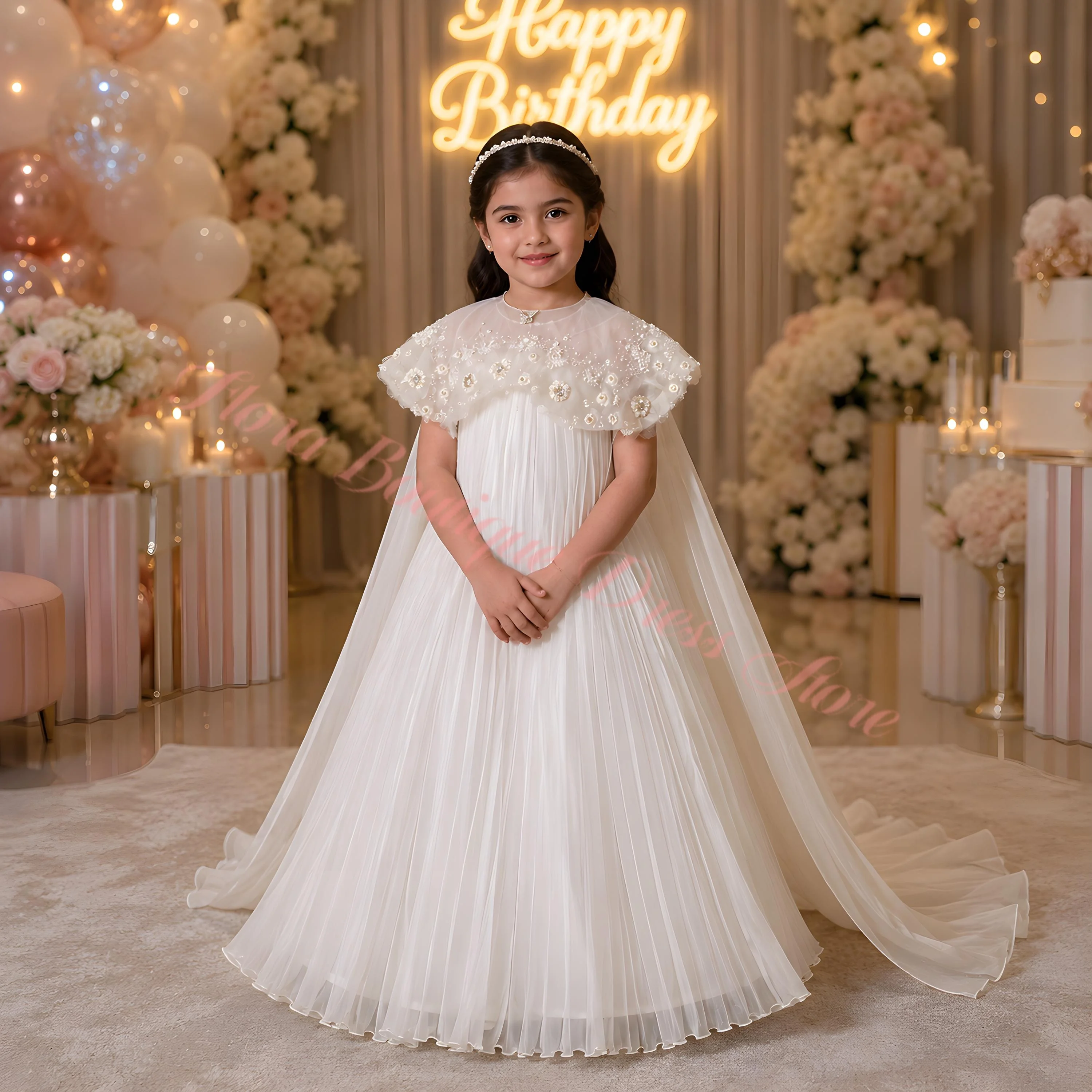 Customized White Flower Girl Dresses for Wedding Floral Appliques Floor Length Princess Birthday Party First Communion Gowns