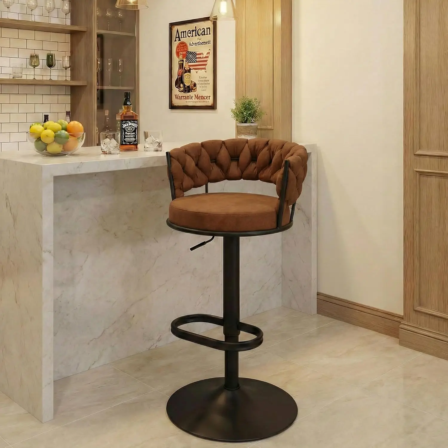 

Single Swivel Bar Stool, Adjustable Height Counter Stool with Woven Back, Metal Legs & Large Footrest, Cloth Fabric Upholster