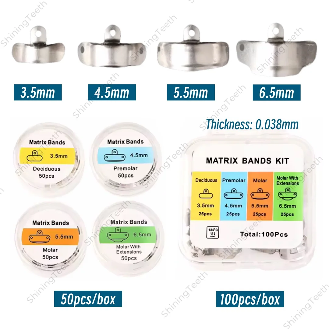 

Стоматологические матричные ленты Секционные контурные металлические матрицы 3,5/4,5/5,5/6,5 мм для восстановления зубов Универсальные предварительно формованные ленты