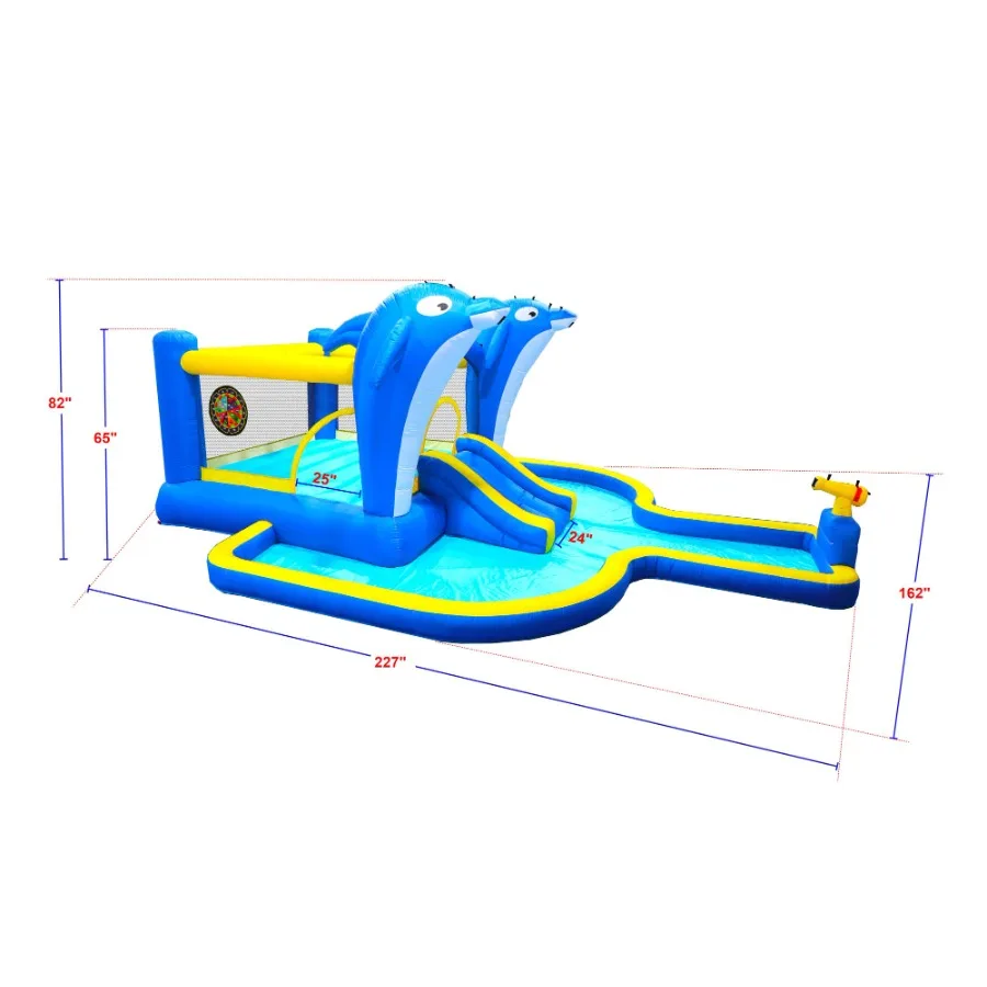 Trampoline gonflable 6 en 1 pour parc aquatique, maison rebondissante, jardin extérieur avec arroseur de dauphin, jeux de cible, panier de pistolet à eau