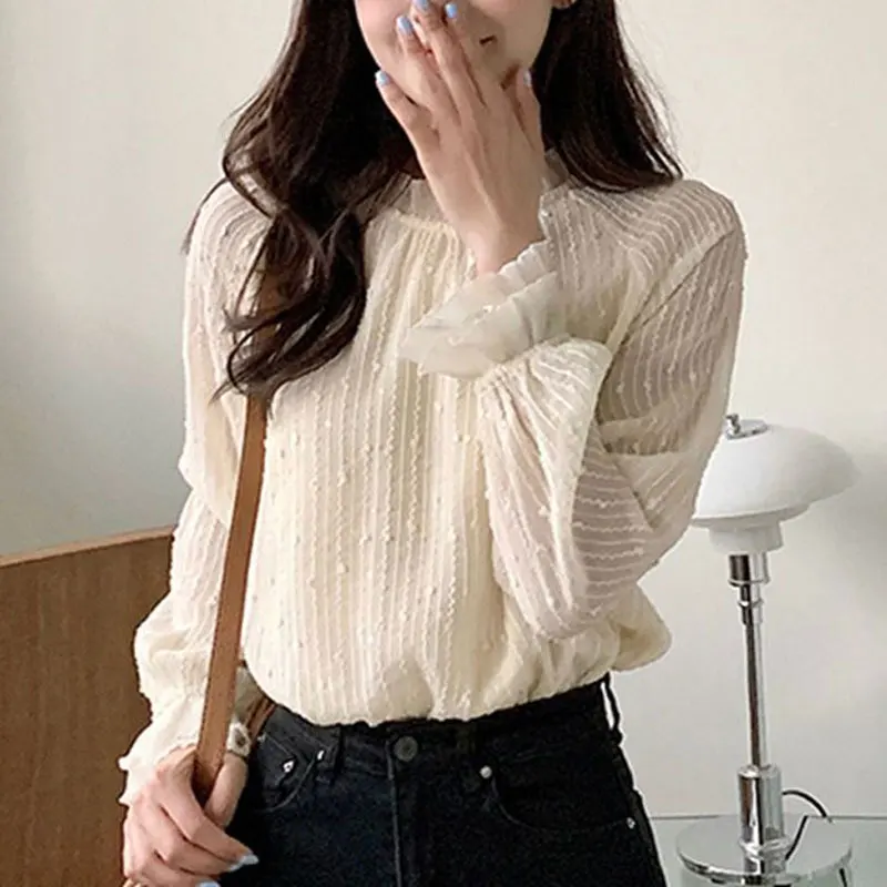 Office Lady Sweet Lantern Sleeve Shirt Spring Autumn O-Neck Women\'s Clothing Fashion Ruffles Spliced Korean Solid Color Blouse