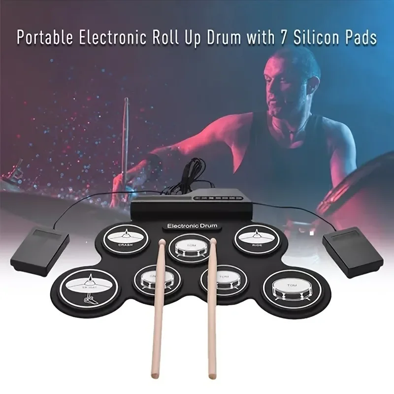 New Black Hand Roll Silicone Folding Rack Drum, Portable USB Electronic Drum, Jazz Drum, Portable Hand Roll Electronic Drum