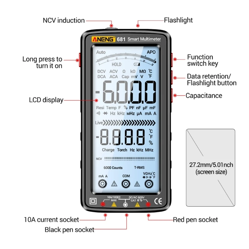 681 Anti-burn Rechargeable Multimeter True RMS Multimetr Tester Hz Ohm Diode Meter Multimetr Tester Dropshipping