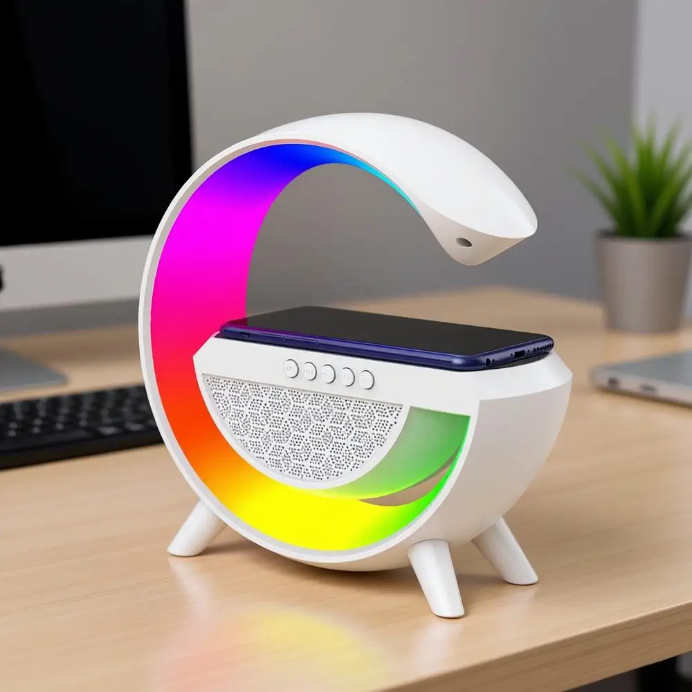 

Table Lamp with Bluetooth Speaker, 15W Wireless Lamp, Desk Lamp with Alarm Clock, Nightstand Lamp with RGB, Hi-i Sound, Time Dis