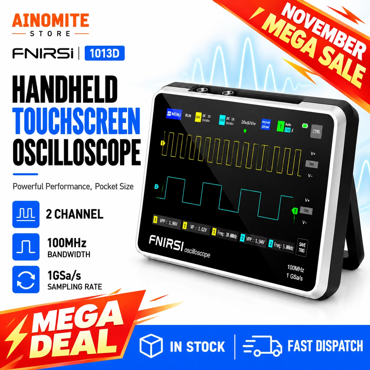 2 Channel Handheld Digital Oscilloscope 100MHz Bandwidth 1GSa Sampling Rate 7