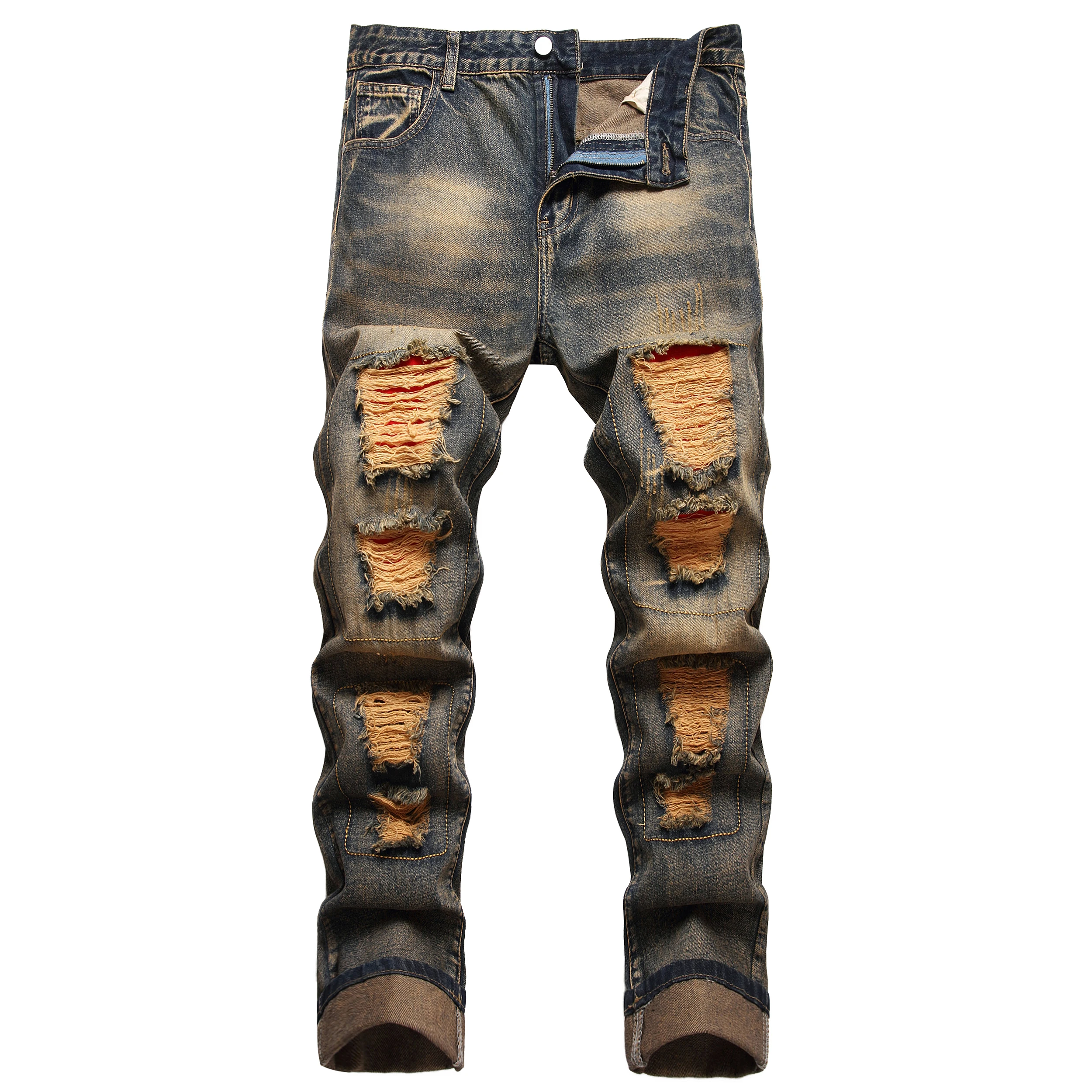 Torn Jeans men's jeans yellow classic jeans men's big holes red patch jeans slim straight casual fashion pants