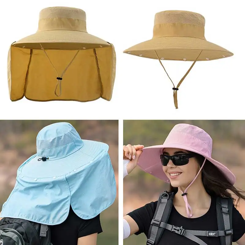 Unisex Bucket Hat with Shawl Waterproof Outdoor Hiking Fishing Cap Removable Big Eaves Face Neck Protection Sunscreen Caps Men