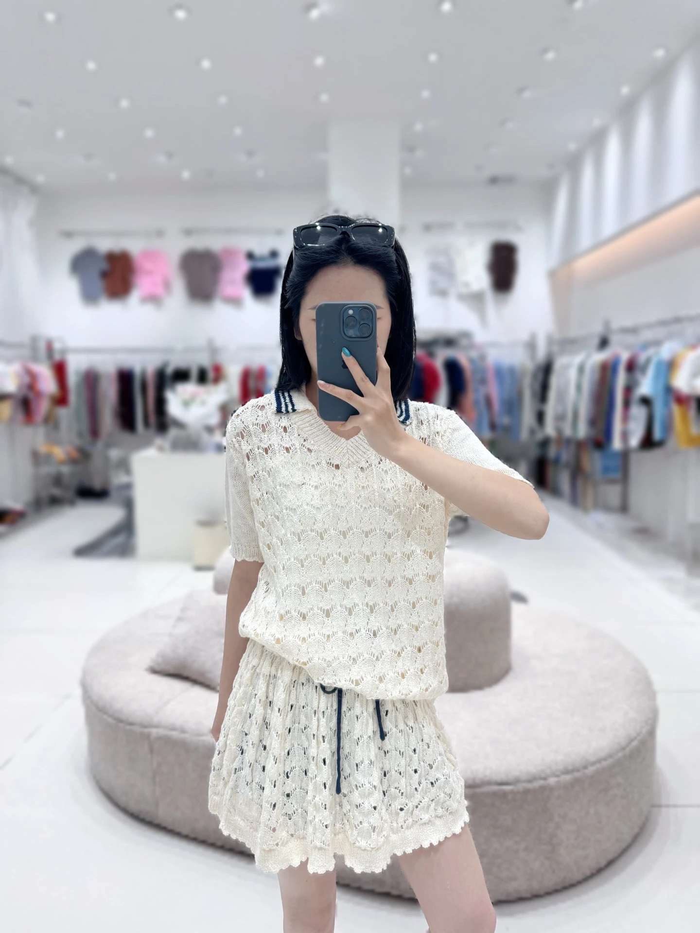 College Style Knitted Set Women Summer Hollow out V-Neck  Shirt High Waist Drawstring Short Skirt Youthful Two-Piece Set