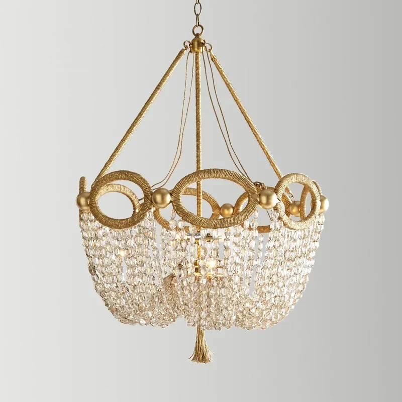 Gold And Crystal Chandelier Light Hemp Rope Crystal Beaded Hanging Kitchen Light Fixtures Russia D55*H68Cm 4 Candle Lights