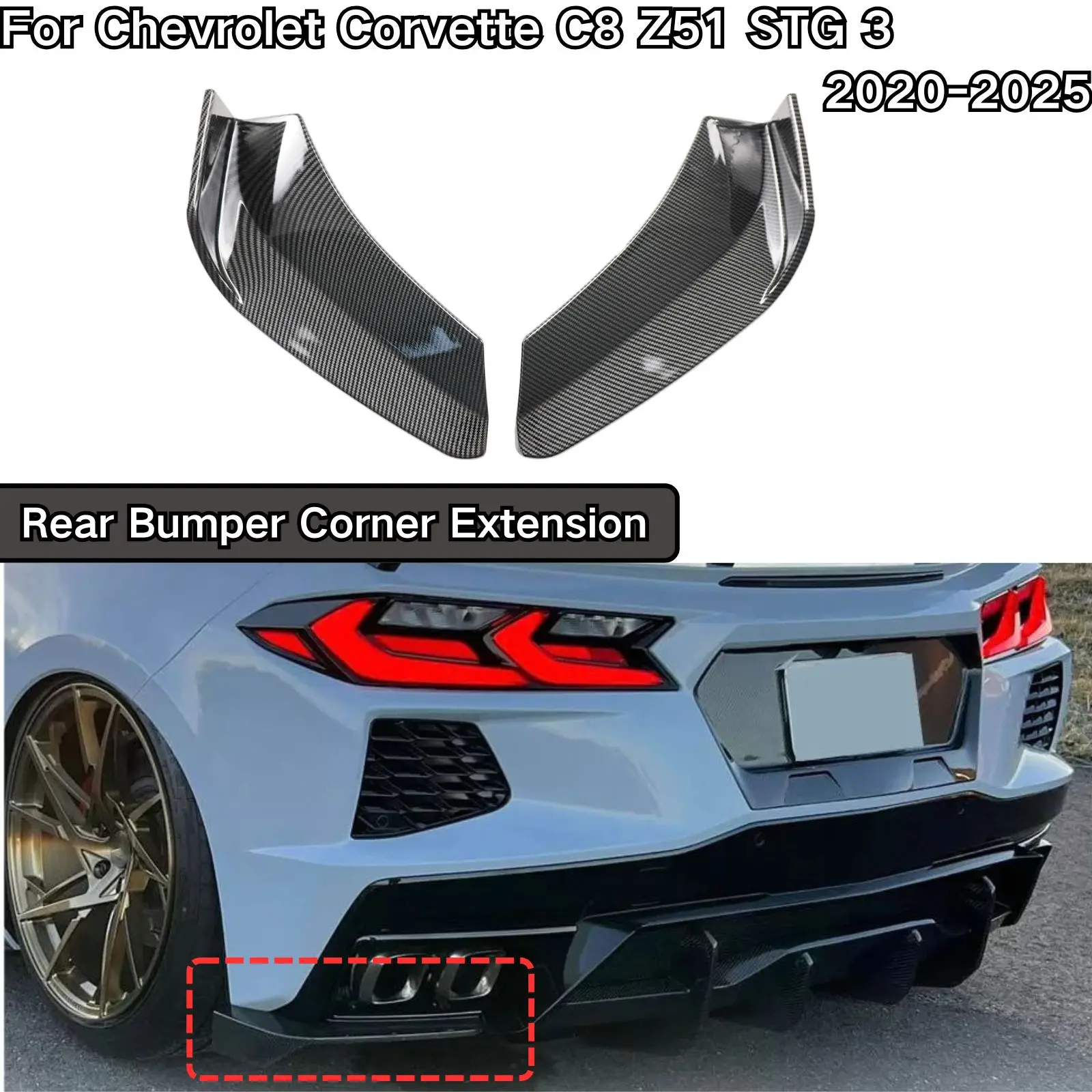 

For 2020-2025 Chevrolet Corvette C8 Z51 Stingray 3 Car Rear Bumper Corner Body Kit Car Accessories Carbon Fiber Style Plastic