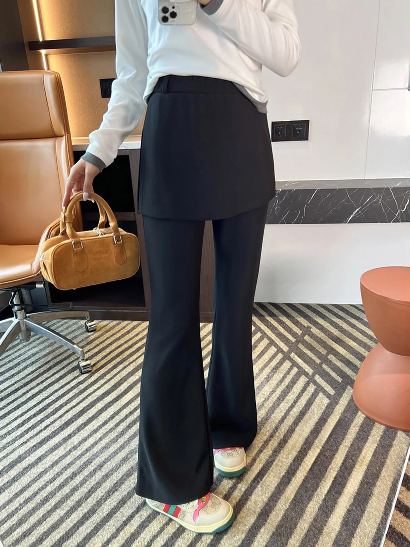 Black Casual Pants Women's Autumn New plus Size Flared Legs High Waist Zipper Closure Polyester Fiber Slimming Hip Covering