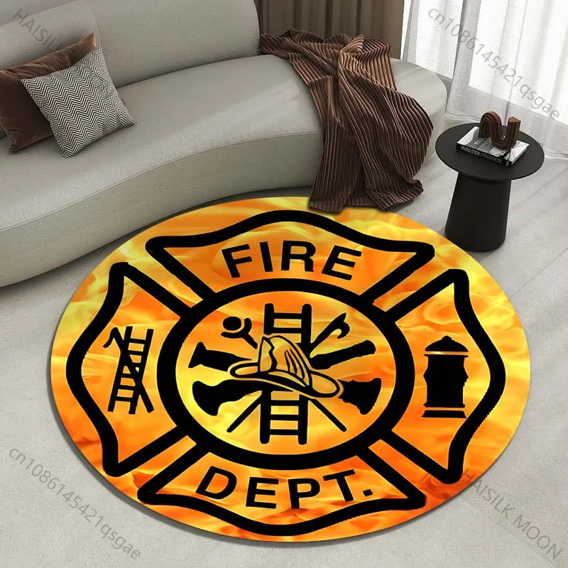 Multiple sizes Fire Department Badge with Flames Print Round Carpet Living Room Bedroom Table Chair Sofa Decorative Carpet